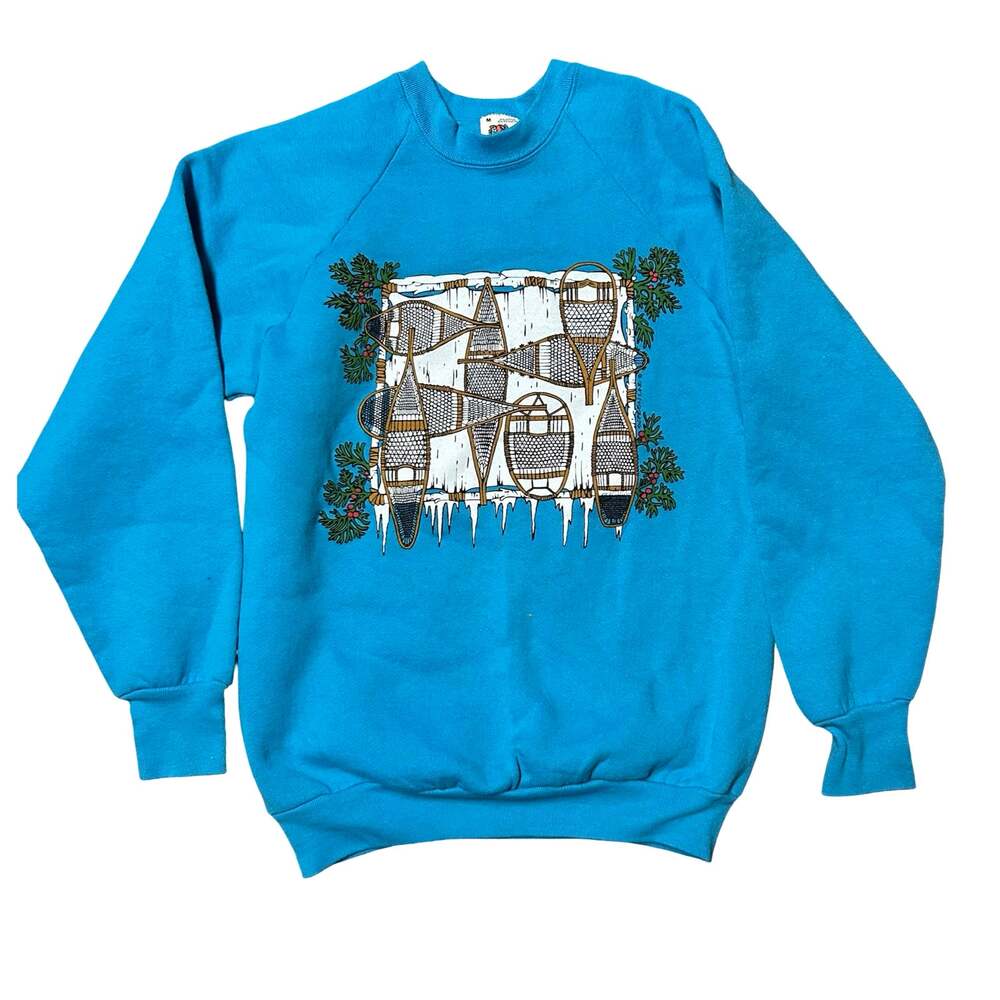 Vintage Crewneck Sweatshirt Womens Medium Snowshoe Graphic Blue White
